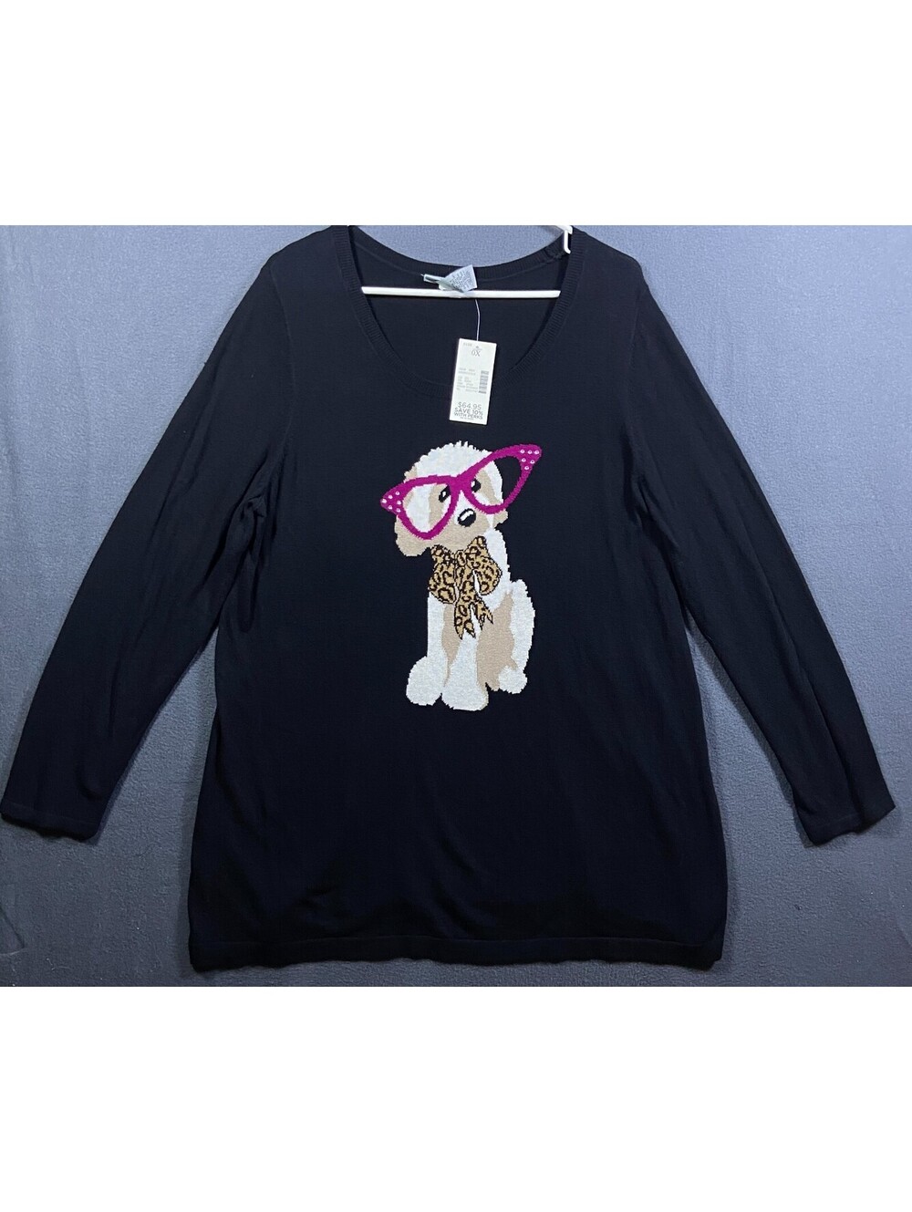 NEW Catherines Black Dog Sweater Pink Glasses Leopard Bow Rhinestone Plus Sz. 0X